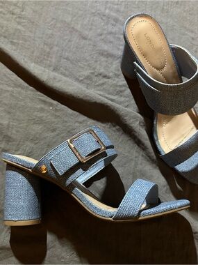 London Fog Denim-Textured Blue Block Heel Mules with Buckle